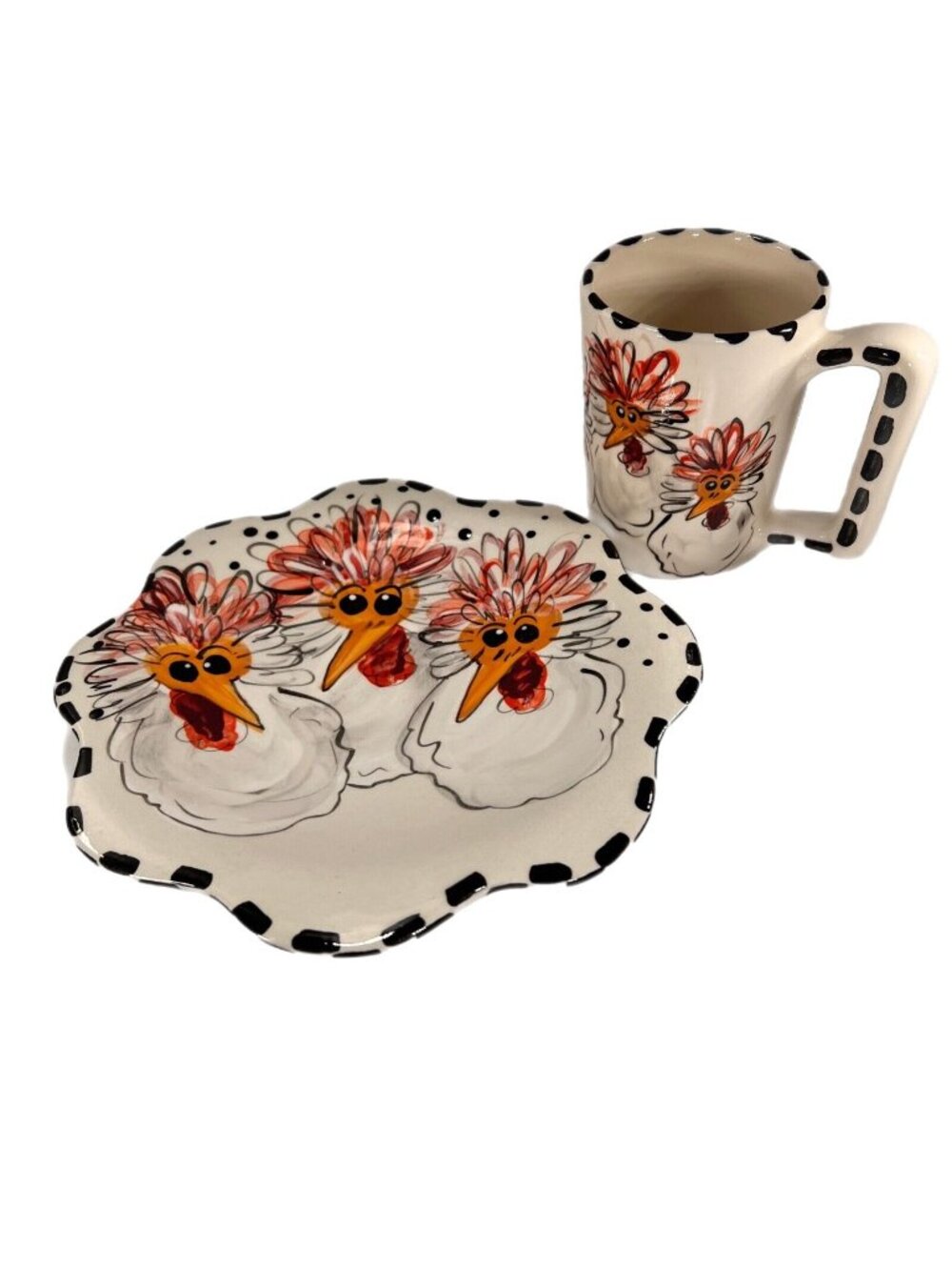 Chicken Mug Plate Set Signed T Rae Hand Painted 2007 Unique Farmhouse Feathers